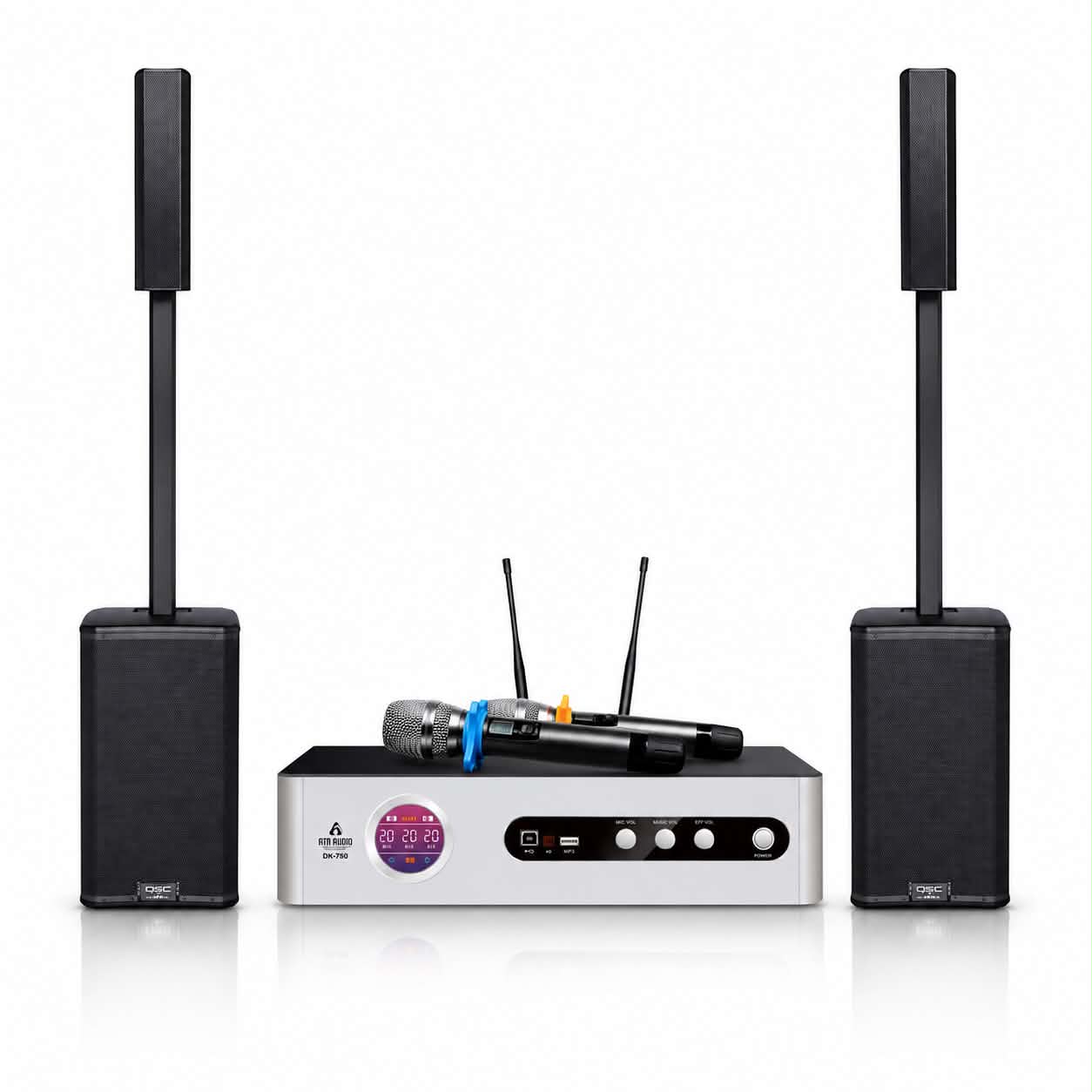 ATN DK-750 karaoke amplifier bundled with two QSC KC12 column PA speakers